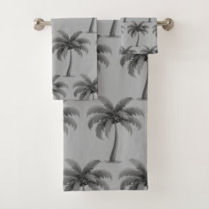 Modern Tropical Botanical Palm Trees on Gray Bath Towel Set