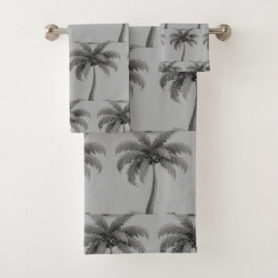 Modern Tropical Botanical Palm Trees on Grey Bath Towel Set