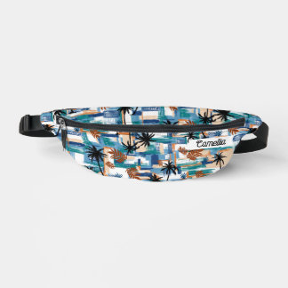 Modern Tropical Checked Pattern Blue Monogram Bum Bags