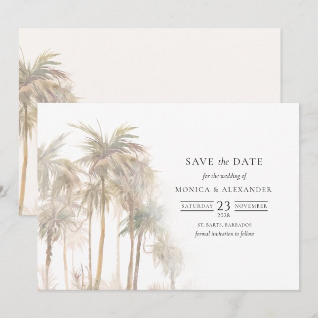 Modern Tropical Coastal Trees Typography Save The Date (Front/Back)