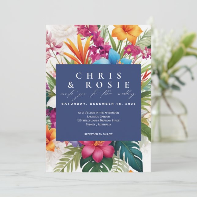 Modern Tropical Colourful Fall wedding invitation (Standing Front)