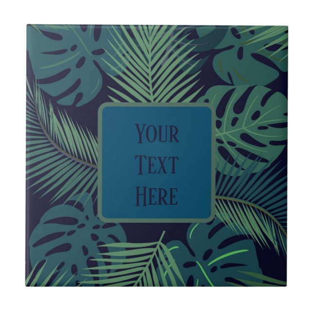modern tropical dark palm leaf, fig leaves jungle  ceramic tile (Front)