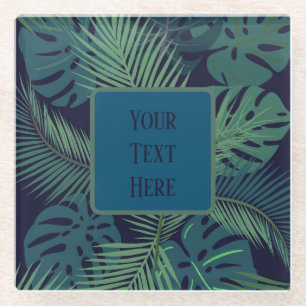 modern tropical dark palm leaf, fig leaves jungle glass coaster