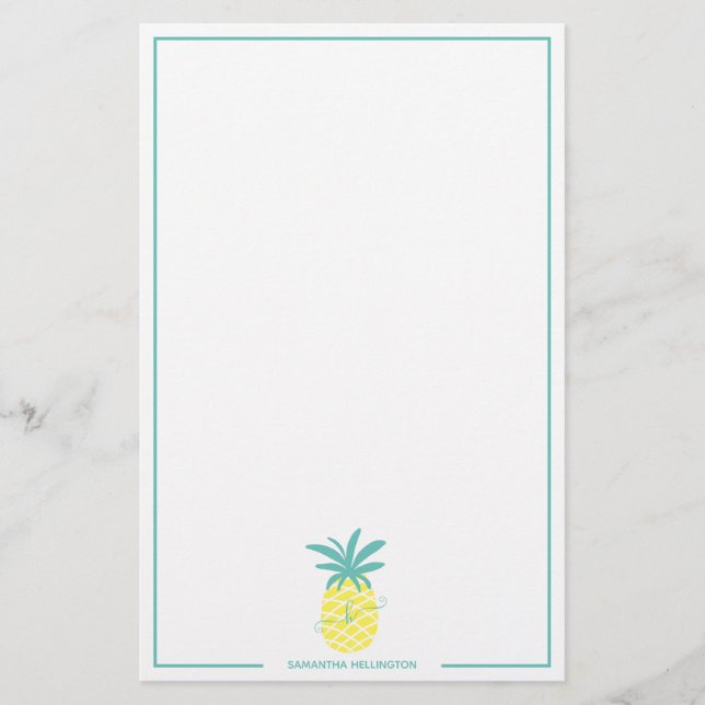 Modern tropical editable pineapple monogram name stationery (Front)