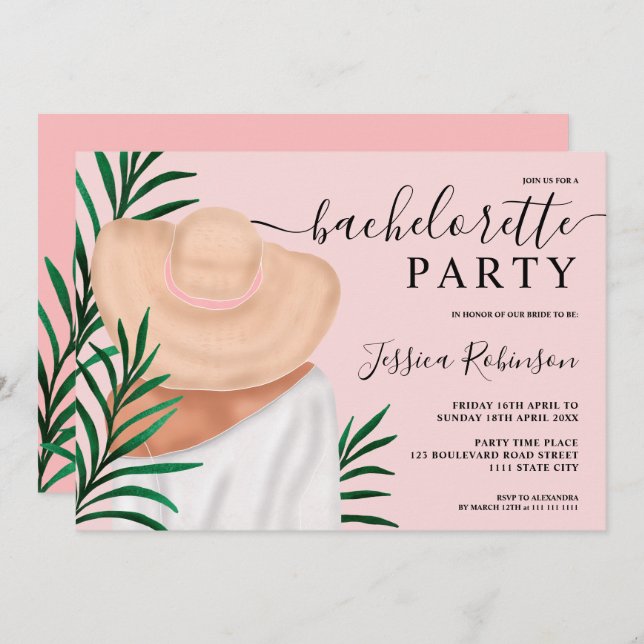 Modern tropical fashion illustration bachelorette invitation (Front/Back)