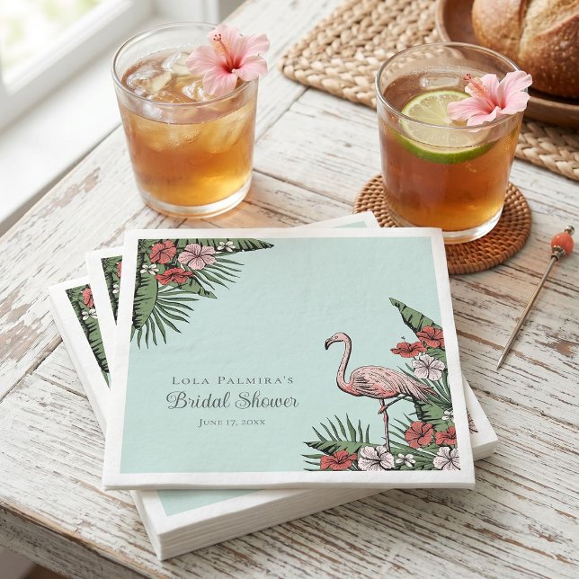 Modern Tropical Flamingo Napkin (Hand-drawn tropical bridal shower napkins with modern chic pink flamingo and floral illustrations)