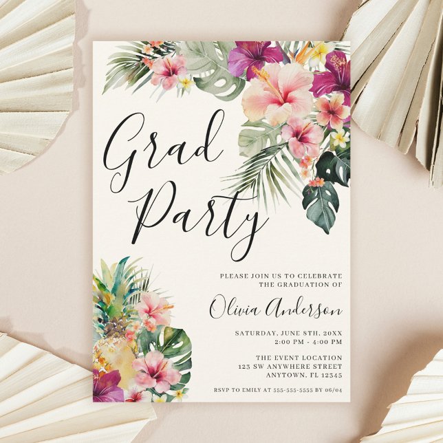 Modern Tropical Floral Beige Graduation Party Invitation (Creator Uploaded)