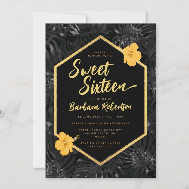 Modern Tropical Floral Black Gold Sweet Sixteen Invitation (Front)