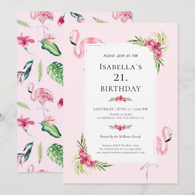 Modern Tropical Floral Flamingo Birthday Party Invitation (Front/Back)