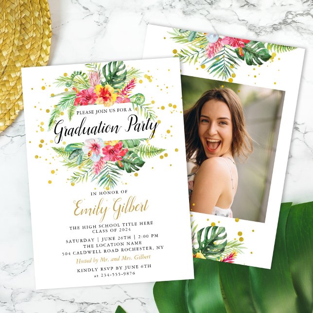 Modern Tropical Floral Foliage Graduation Photo Invitation (Creator Uploaded)