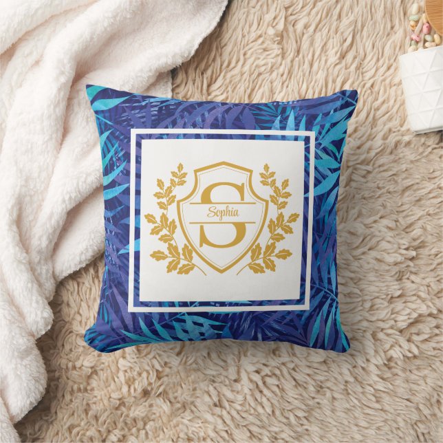 Modern Tropical Floral Gold Crest Initial Monogram Cushion (Blanket)