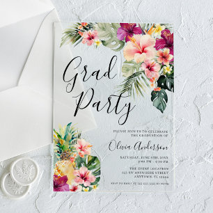 Modern Tropical Floral Graduation Party Acrylic Invitations