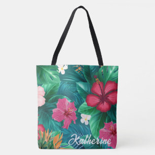 Modern tropical Floral Monogram Beach  Tote Bag