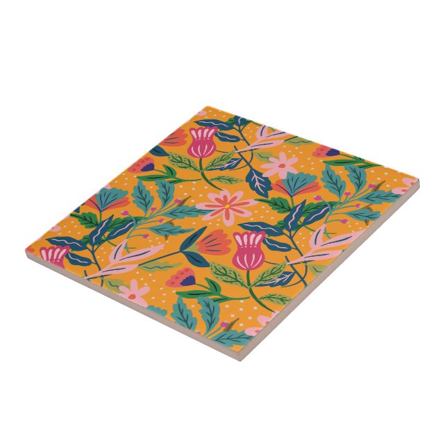 Modern Tropical Floral Pattern Ceramic Tile (Side)