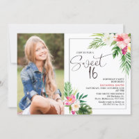 Modern Tropical Floral Photo Sweet 16 Birthday