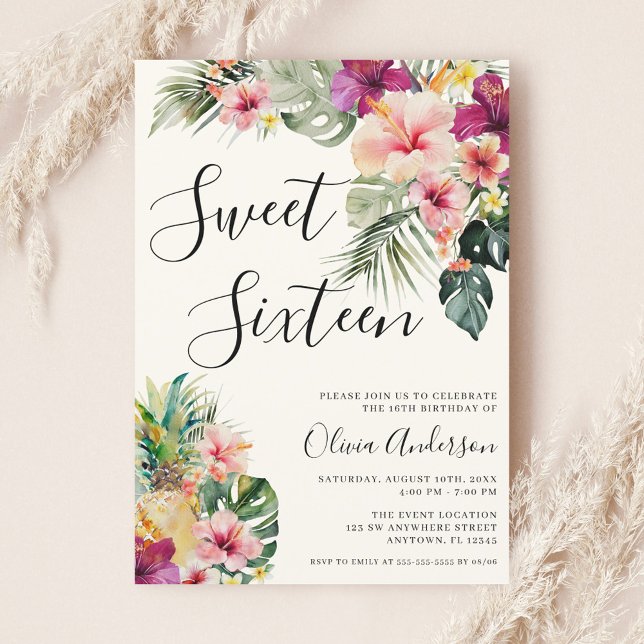 Modern Tropical Floral Sweet 16 Beige Invitation (Creator Uploaded)