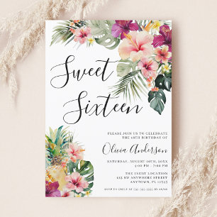 Modern Tropical Floral Sweet 16 White Invitation