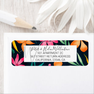 Modern tropical floral watercolor pattern navy return address label