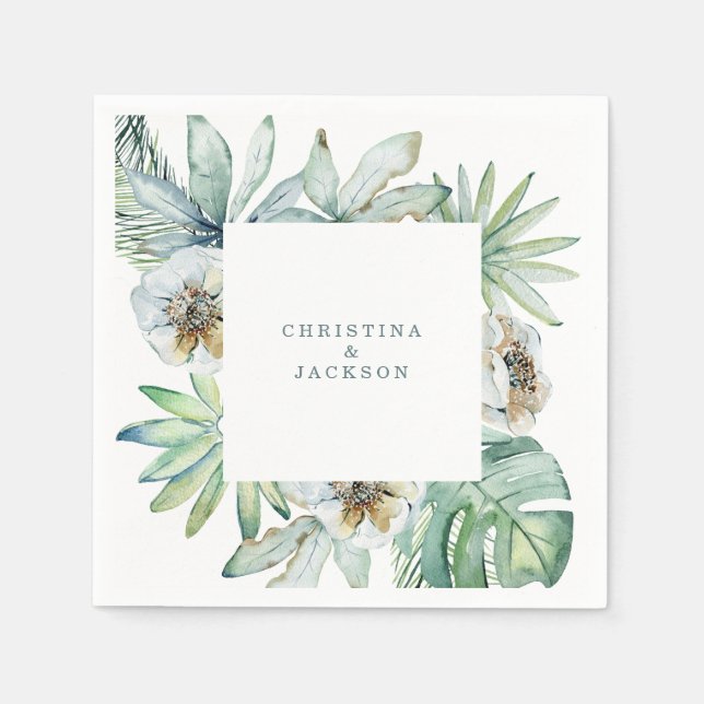 Modern Tropical Foliage Wedding Cocktail Napkin (Front)