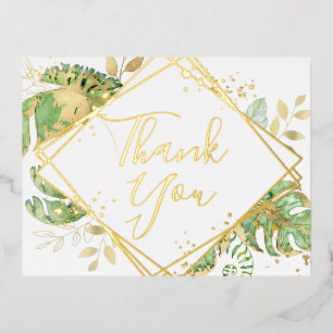 Modern Tropical Foliage Wedding Thank You Foil Invitation Postcard