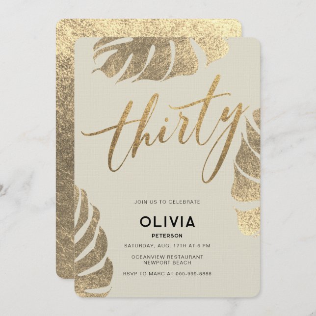 Modern Tropical Gold Elegant Foliage 30th Birthday Invitation (Front/Back)