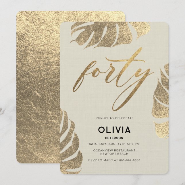 Modern Tropical Gold Elegant Foliage 40th Birthday Invitation (Front/Back)