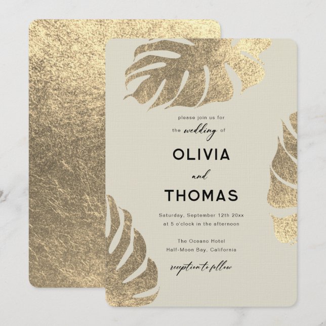 Modern Tropical Gold Elegant Foliage Chic Wedding Invitation (Front/Back)