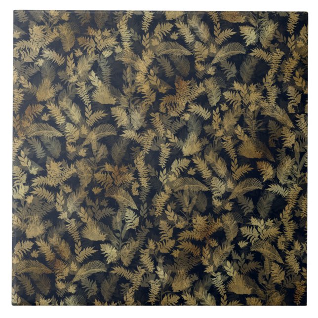 Modern Tropical Gold Foliage Blue Pattern Ceramic Tile (Front)