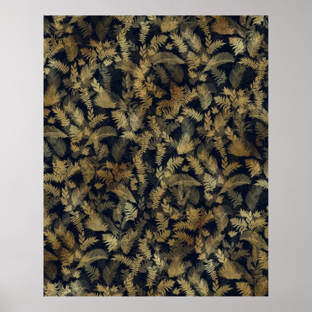 Modern Tropical Gold Foliage Blue Pattern Poster (Front)