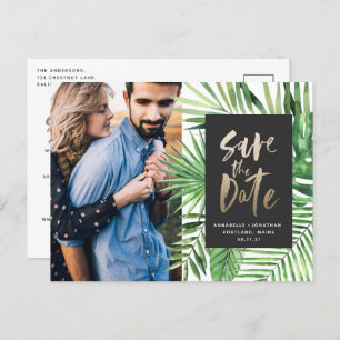 Modern tropical gold script stylish wedding photo invitation postcard