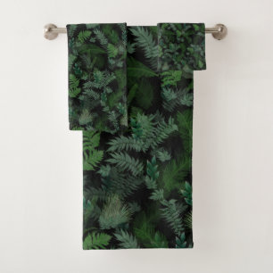 Modern tropical green foliage Black pattern Bath Towel Set