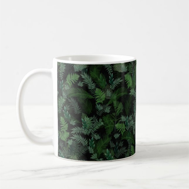 Modern tropical green foliage Black pattern Coffee Mug (Left)