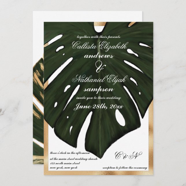 Modern Tropical Green Gold Monstera Leaf Wedding Invitation (Front/Back)
