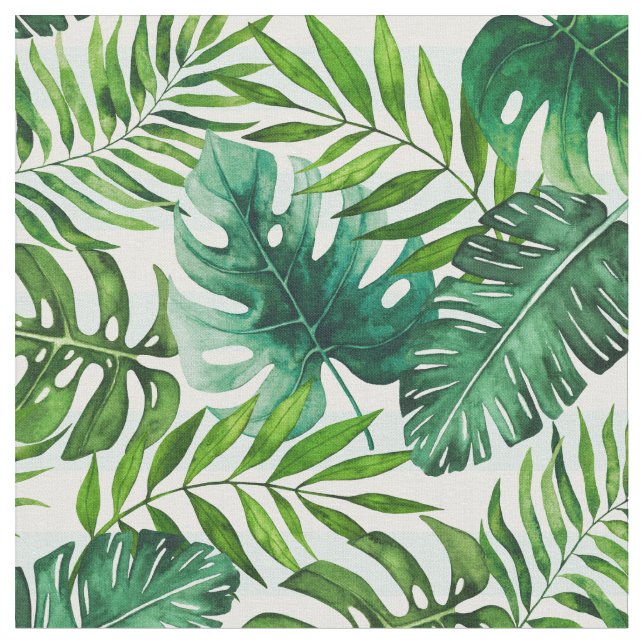 Modern Tropical Green Leaves Pattern Fabric (Close Up)