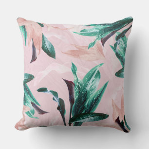 Modern Tropical Green Leaves Pink Floral Lily Cushion