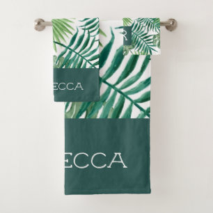 Modern Tropical Green Monogram Bathroom Towel Set