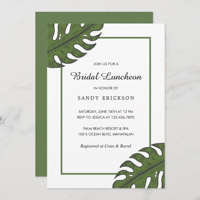 Modern Tropical Green Palm Leaf Bridal Luncheon Invitation (Front/Back)