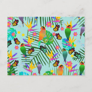 Modern Tropical Green Parrot Palm Leaf Light Blue Postcard