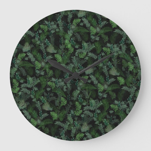 Modern Tropical Greenery Black Green Foliage  Large Clock (Front)