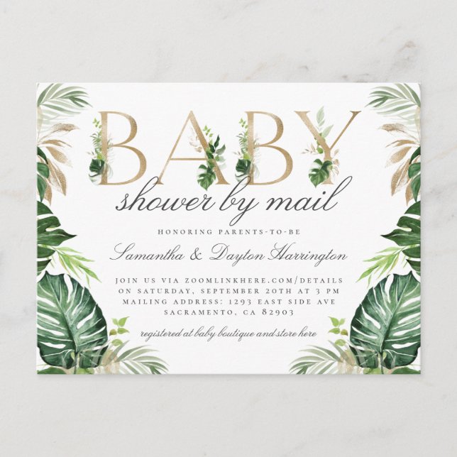 Modern Tropical Greenery Gold Baby Shower By Mail Invitation Postcard (Front)