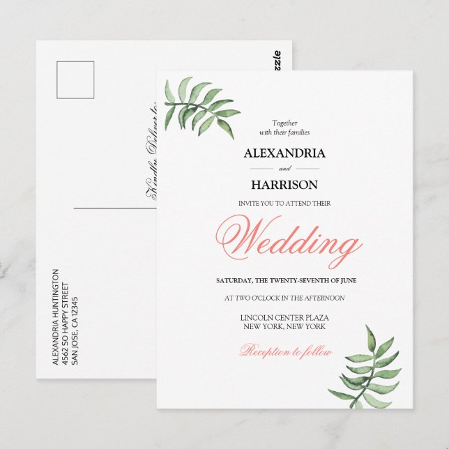 Modern Tropical Greenery Wedding Invitation Postcard (Front/Back)