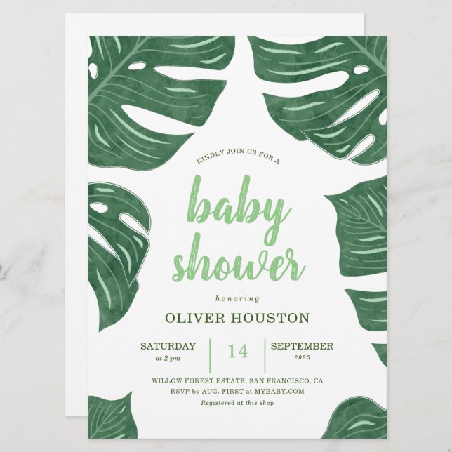 Modern Tropical leaf baby shower invitations (Front/Back)