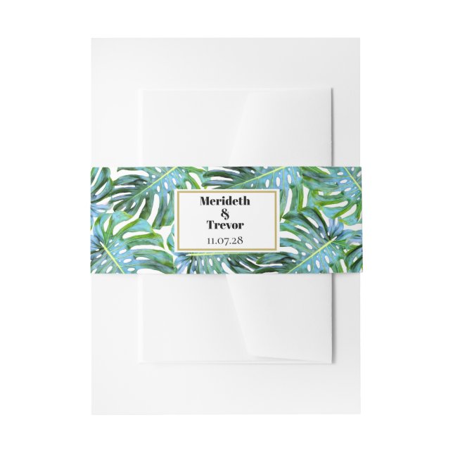 Modern Tropical Leaf Beach Wedding Invitation Belly Band (Front Example)