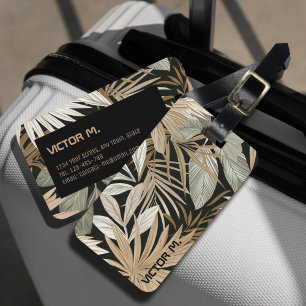 Modern Tropical Leaf Black & Gold Masculin Custom Luggage Tag