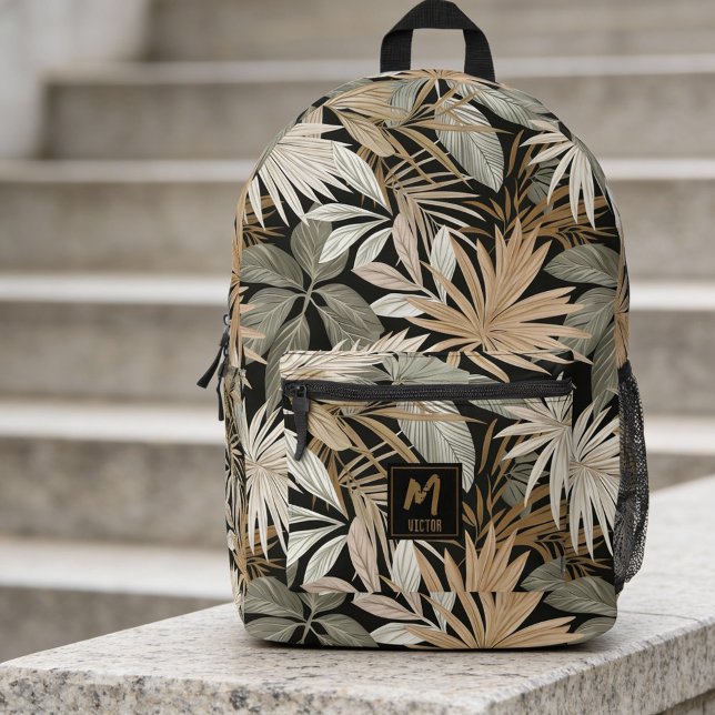 Modern Tropical Leaf Black & Gold Pattern Custom Printed Backpack (Modern Leaf Black & Gold Pattern Custom Printed Backpack. Ideal for  a nature lover and hiker.)
