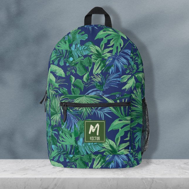 Modern Tropical Leaf Blue Green Custom Design  Printed Backpack (modern tropical leaf blue green name custom design printed backpacks, back to school backpacks)