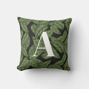 Modern Tropical Leaf Palm Plant Print Monogram  Cushion