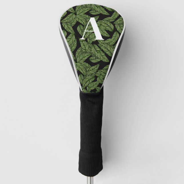 Modern Tropical Leaf Palm Plant Print Monogram  Golf Head Cover (Front)