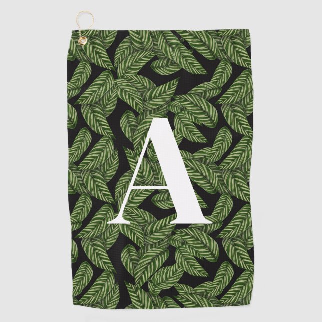 Modern Tropical Leaf Palm Plant Print Monogram  Golf Towel (Front)