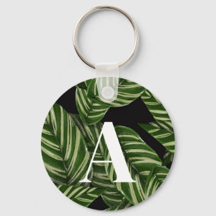 Modern Tropical Leaf Palm Plant Print Monogram Key Ring